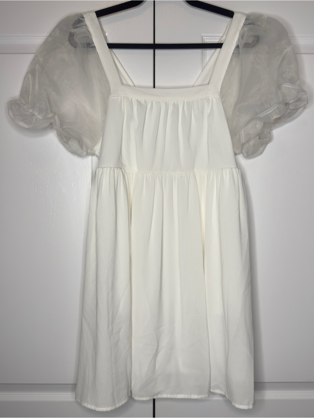 Entro White Puff Sleeve Babydoll Mini Dress Sheer Organza Women’s Medium M